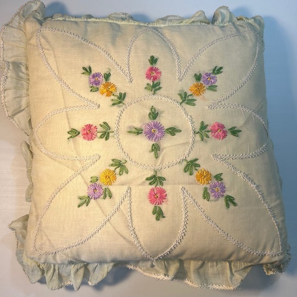 Vintage Handmade Embroidery Ruffle Embellished Pillow 14x14" - Picture 1 of 5